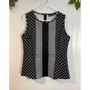 New York &Company 7th Avenue Black White Sleeveless Geometric Print Peplum Top L